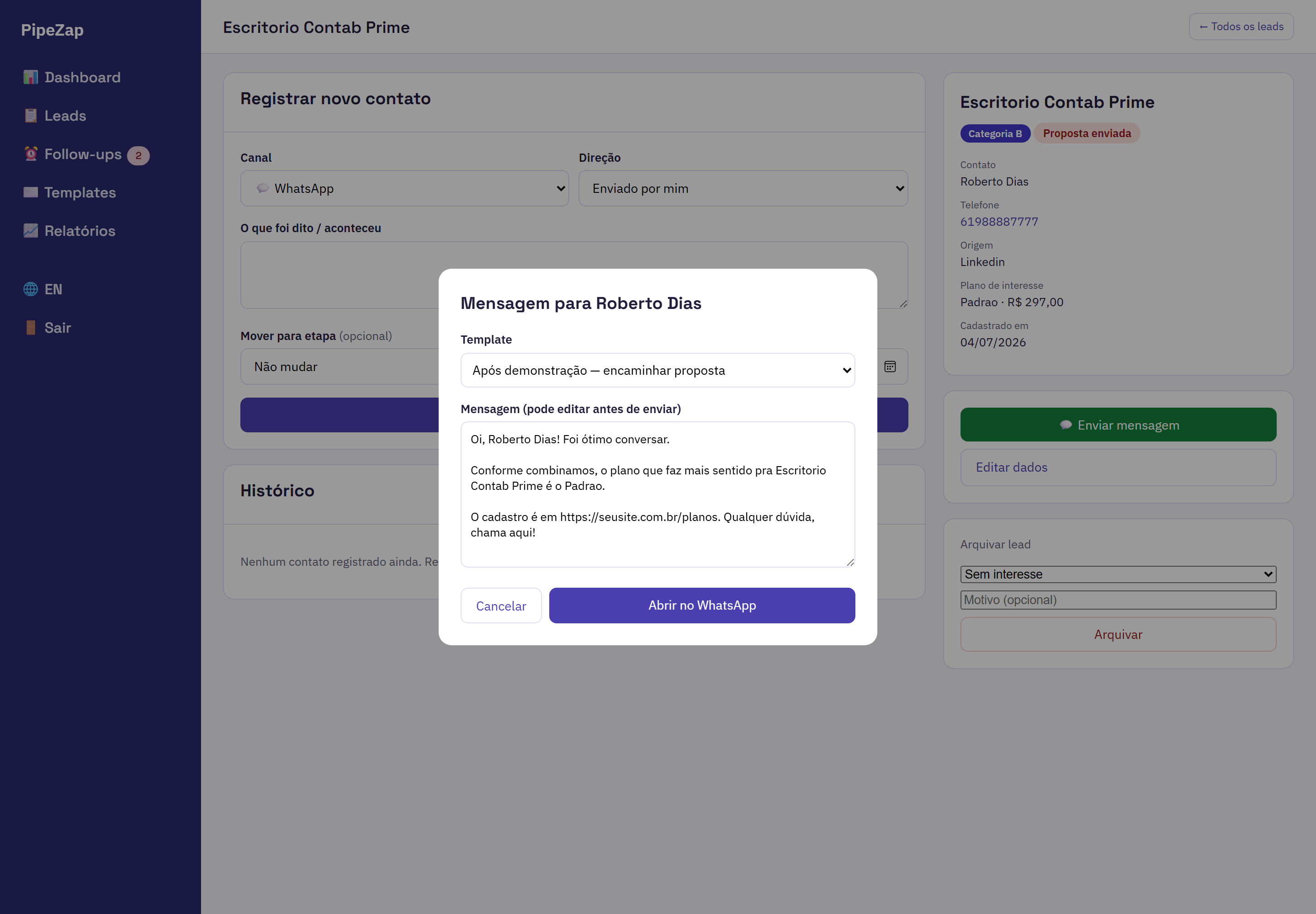 Modal de envio de mensagem no WhatsApp com template e variáveis já preenchidas